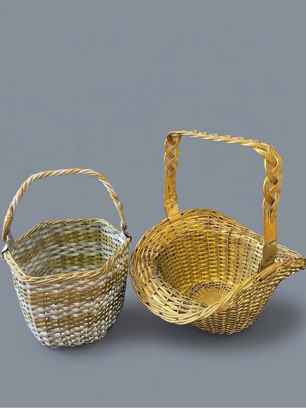 Vintage 2pc Small Woven Decorative Brass Wire Basket Set Round Gold & Silver